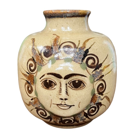 VTG Carlos Villanueva Signed Mexican Folk Art Pottery Tonala Sun Face Vase EUC - Picture 1 of 6
